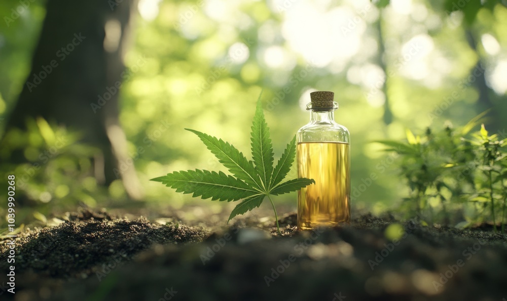 Generative AI picture of bottle with liquid and green leaf of cannabis plant place don ground in nature on sunny day Generative AI picture of bottle with liquid and green leaf of cannabis plant place don ground in nature on sunny day