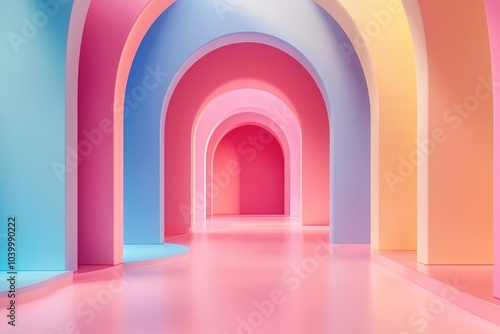 The image is a colorful, rainbow-colored room with a blue and pink archway