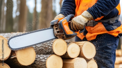 Wallpaper Mural A worker in an orange uniform uses a chainsaw to cut down trees on forest land filled with fallen trunks Torontodigital.ca