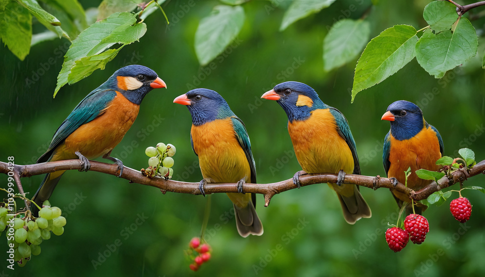 Four colorful birds sit side by side on a branch, surrounded by green leaves and fresh grapes and raspberries in a bright garden. Their striking plumage adds joy to the scene Four colorful birds sit side by side on a branch, surrounded by green leaves and fresh grapes and raspberries in a bright garden. Their striking plumage adds joy to the scene