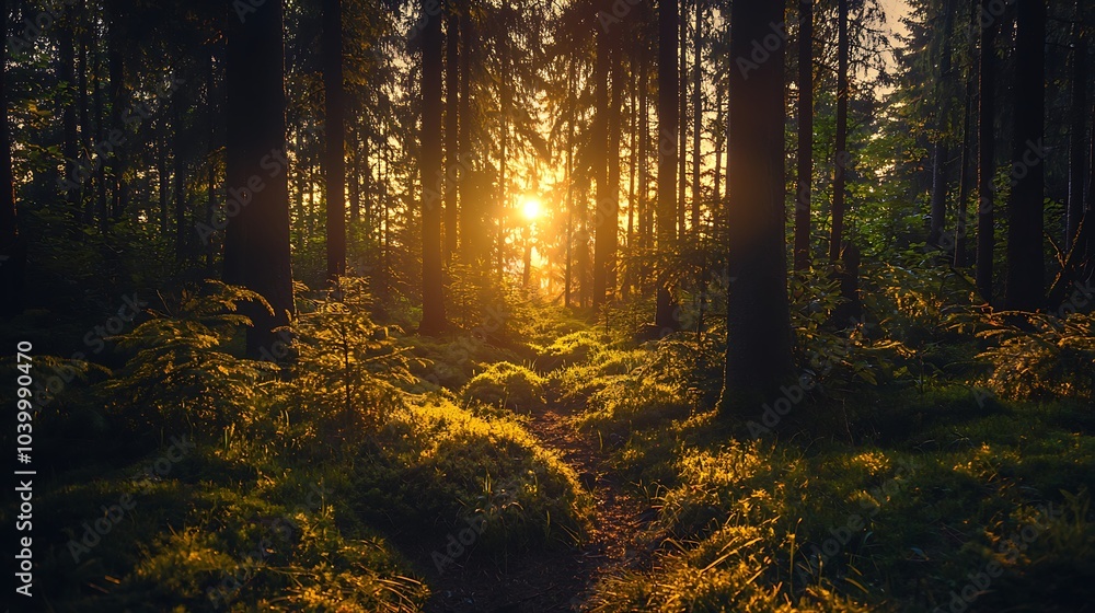 Fototapeta premium A magical forest illuminated by two warm suns creating an enchanting atmosphere amidst tall trees and lush greenery