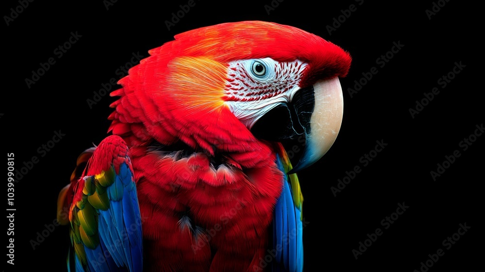 Fototapeta premium The scarlet macaw (Ara macao) is a stunning and vibrant parrot species native to the tropical forests of Central and South America. Renowned for its striking plumage of red, blue, and yellow.