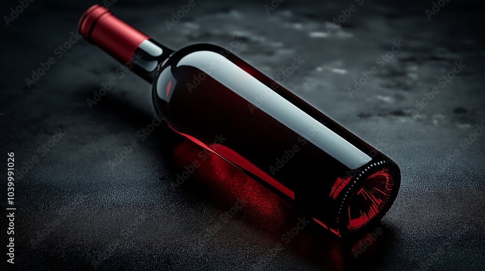A single bottle of red wine lying on a dark textured background. A single bottle of red wine lying on a dark textured background.