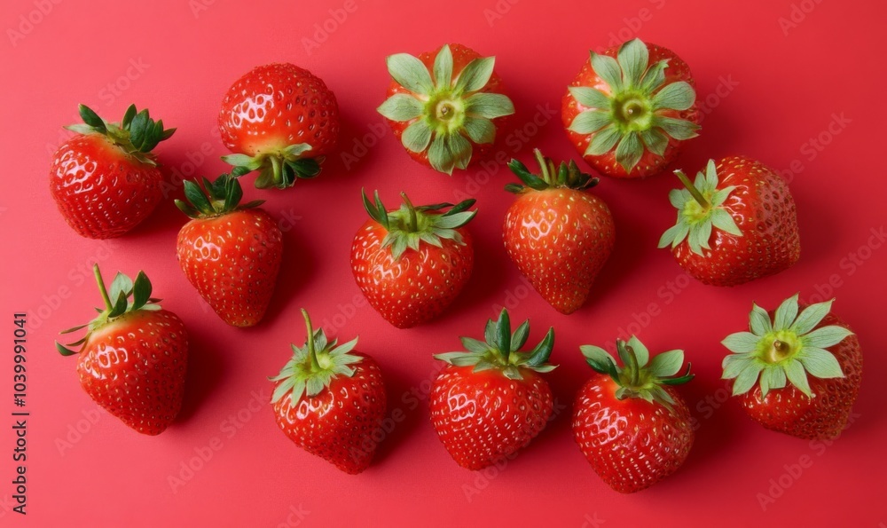 a whole view of multiple Strawberry on soft red background, view from above, editorial photography a whole view of multiple Strawberry on soft red background, view from above, editorial photography