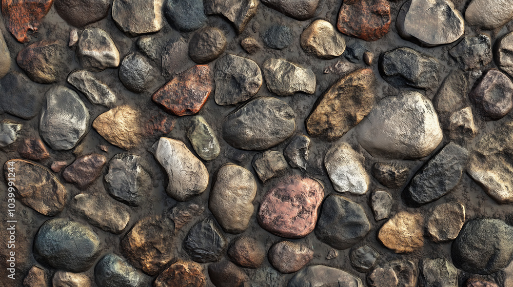 Close-up view of various river stones formed naturally, displaying a range of textures and colors along a rustic landscape background Close-up view of various river stones formed naturally, displaying a range of textures and colors along a rustic landscape background