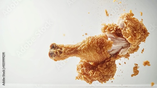 A close-up of crispy fried chicken being torn apart, revealing hot, juicy meat inside, against a clean white background