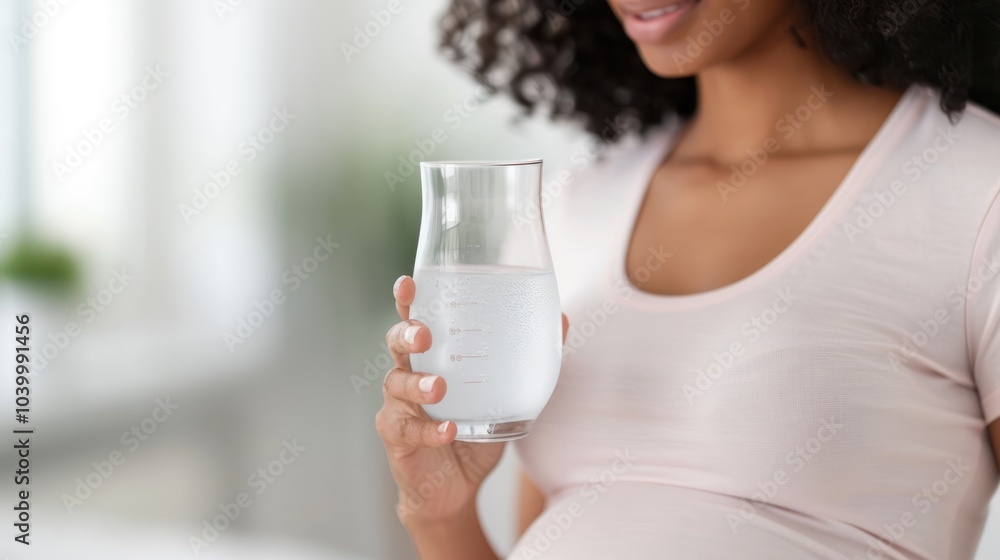 A pregnant woman holding a glass of water, promoting hydration and wellness during pregnancy.