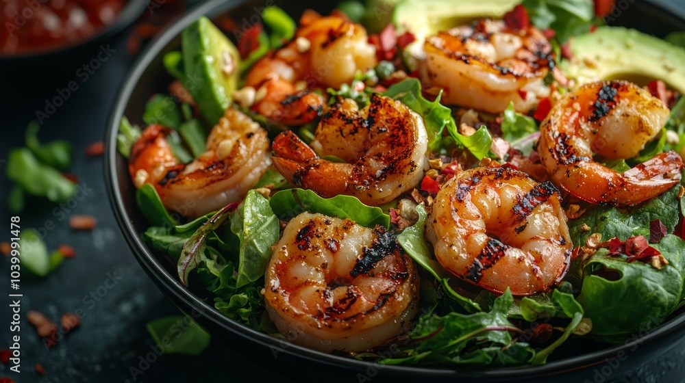 Vibrant Overhead Shot of Grilled Shrimp Salad Vibrant Overhead Shot of Grilled Shrimp Salad