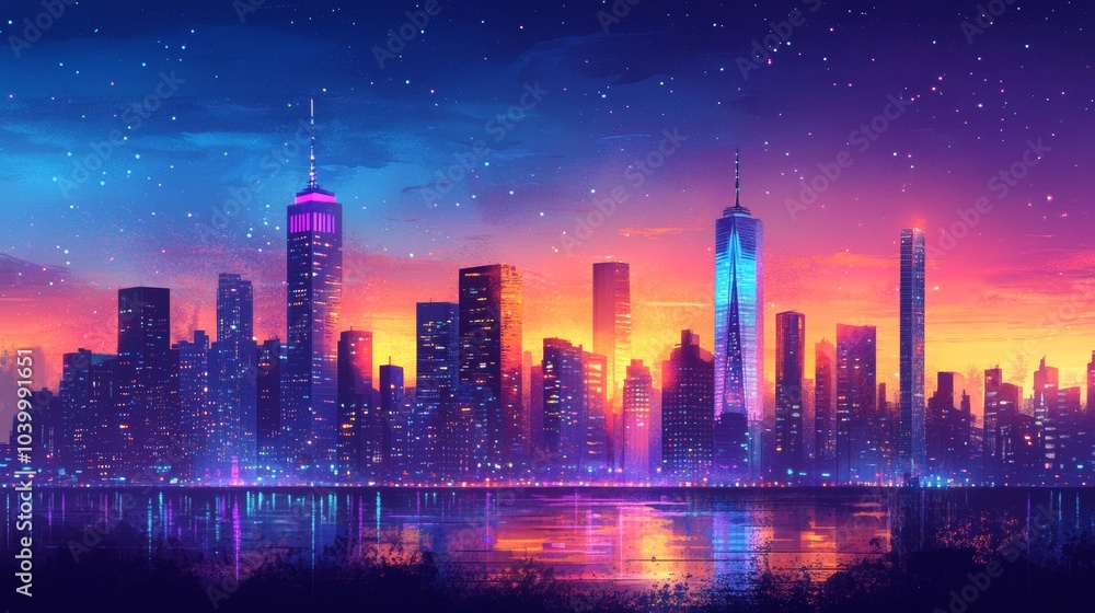 Vibrant Night Skyline, animated illustration of dazzling skyscrapers glowing in a colorful urban landscape at night Vibrant Night Skyline, animated illustration of dazzling skyscrapers glowing in a colorful urban landscape at night