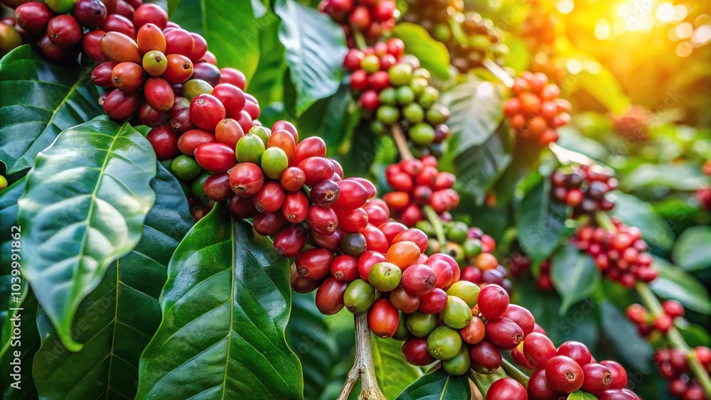 Coffee beans ripening on tree plantation Low Angle Coffee beans ripening on tree plantation Low Angle