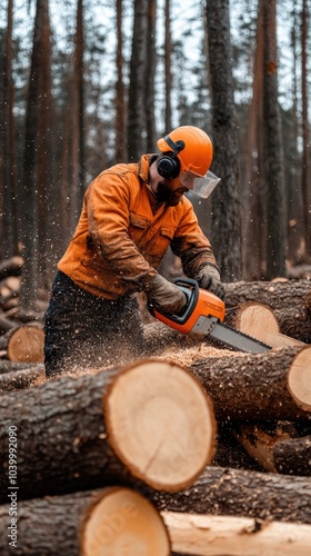 A worker in an orange uniform uses a chainsaw to cut down trees on forest land filled with fallen trunks.