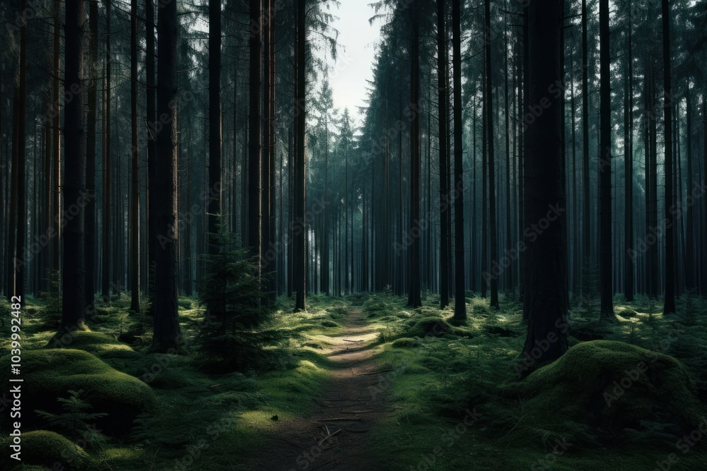 Obraz premium Deep pine forest background landscape woodland outdoors.