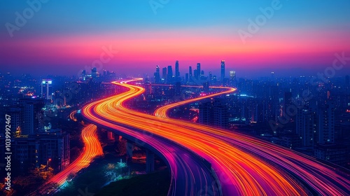 A sunset view of an urban skyline with glowing network lines