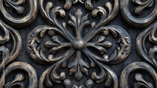 Intricate metal wall decoration featuring floral motifs and circular patterns in a darkened, elegant setting