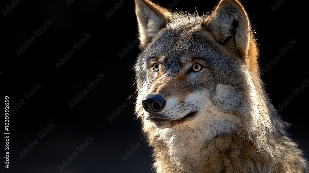 A wolf with golden eyes looks intensely at the camera against a dark background. A wolf with golden eyes looks intensely at the camera against a dark background.