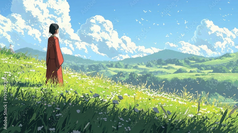 Fototapeta premium A woman in red stands on a hilltop overlooking a green valley and blue sky with white clouds.