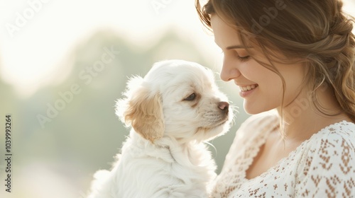 A warm moment between a woman and a puppy, showcasing their bond in a sunlit environment.