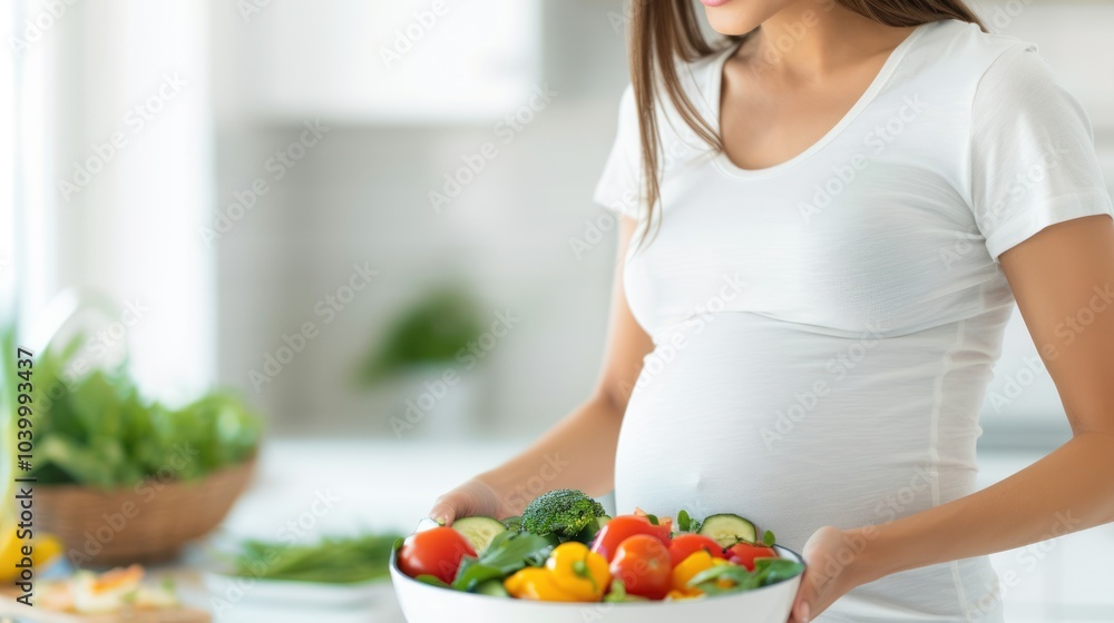 A pregnant woman holds a bowl of fresh vegetables, promoting healthy eating in a bright, modern kitchen. A pregnant woman holds a bowl of fresh vegetables, promoting healthy eating in a bright, modern kitchen.