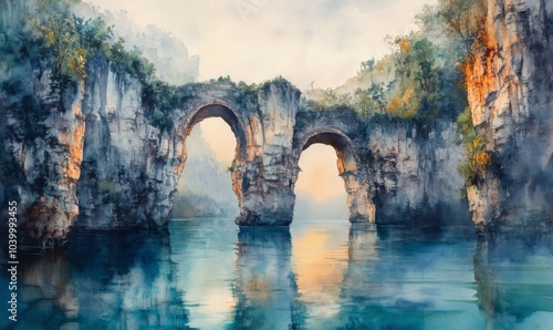 Watercolor Three Natural Bridges (Wulong Karst National Park) is located in Wulong City, Chongqing in China. It is considered one of the most beautiful natural World Heritage photo