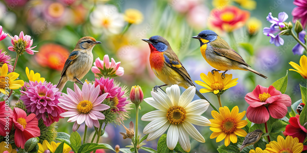 Three beautiful songbirds rest on blooming flowers in a lively garden filled with various colors and types of blossoms under a clear sky Three beautiful songbirds rest on blooming flowers in a lively garden filled with various colors and types of blossoms under a clear sky