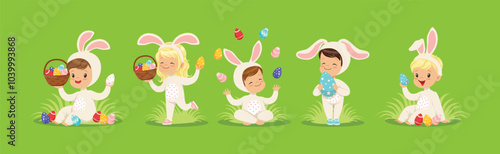 Easter with Kids in Bunny Costume on Green Lawn with Eggs Vector Set