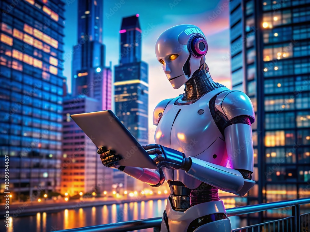 Futuristic Robot with Digital Tablet in Urban Twilight Setting for Technology and Innovation Visuals Futuristic Robot with Digital Tablet in Urban Twilight Setting for Technology and Innovation Visuals