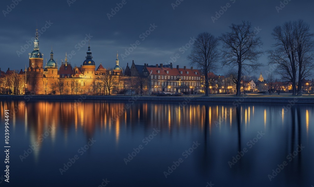 Naklejka premium Frederiksborg Castle, in the town of Hillered on Lake Slotsse. Panorama. Denmark. XVI century. Copenhagen, Denmark, Europe