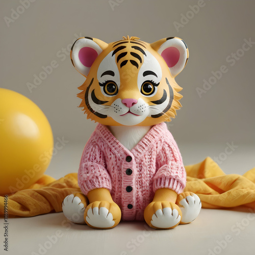 A kawaii-style drawing of a baby tiger with big, expressive eyes, a tiny mouth, and a fluffy body. The baby tiger is dressed in a pink sweater and is sitting on a yellow ball, set against a clear whit