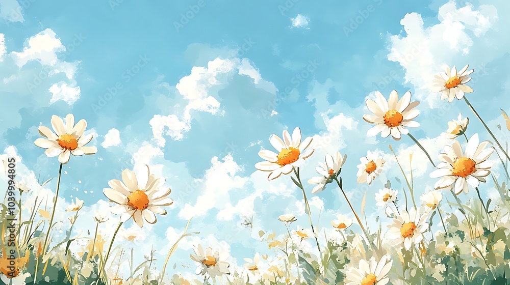 Serene Watercolor Landscape of Swaying Daisies Serene Watercolor Landscape of Swaying Daisies