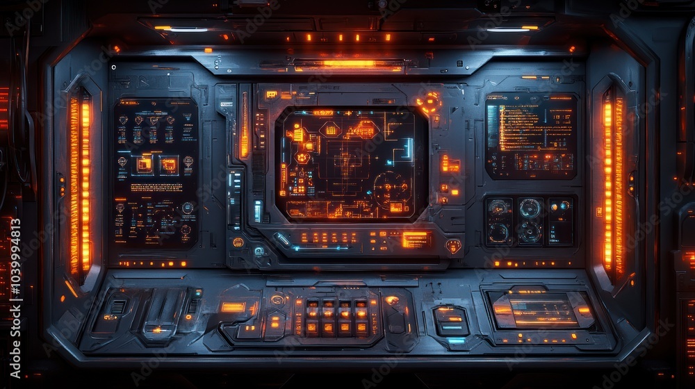Obraz premium Futuristic control panel with glowing interfaces and digital displays.
