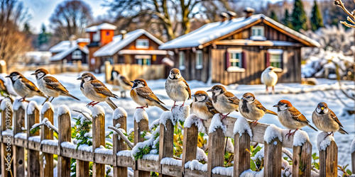 Wallpaper Mural Small birds gather on a fence blanketed with snow while cozy wooden houses in the background exude a peaceful winter vibe under clear skies Torontodigital.ca