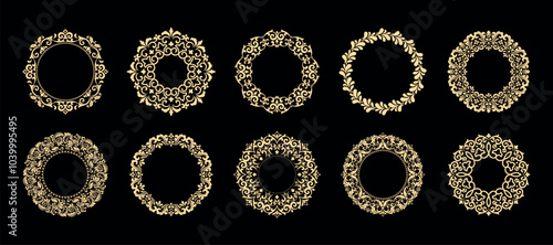 Set of decorative frames Elegant vector element for design in Eastern style, place for text. Floral black and golden, borders. Lace illustration for invitations and greeting cards