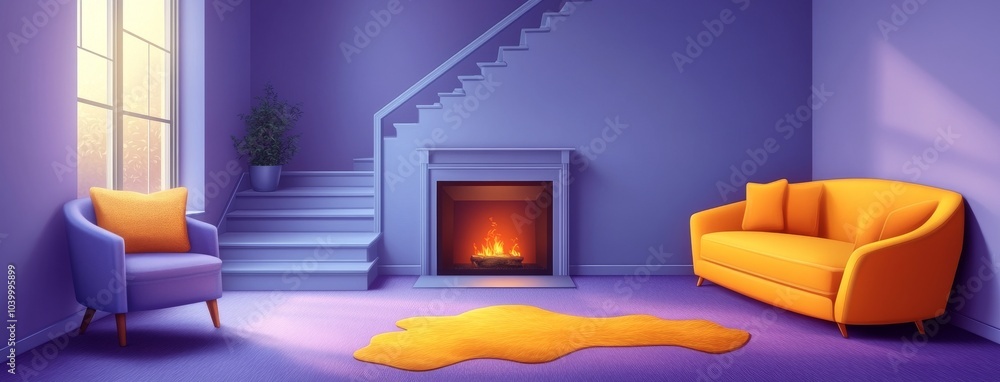 Stylish light living room. Cartoon home or hotel interior with yellow sofas and armchairs, stairs to the second floor, fireplace, table and floor lamps, pictures on the wall, and houseplants. Stylish light living room. Cartoon home or hotel interior with yellow sofas and armchairs, stairs to the second floor, fireplace, table and floor lamps, pictures on the wall, and houseplants.
