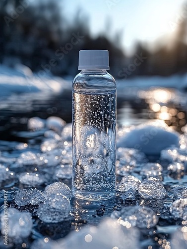 Ice Melting Agent Bottle, Visible Chemical Composition, Snowy Surface, Melting Ice, Practical Application, Efficiency, Safety, Winter Elements, Snow, Frost, Icy Roads, Contrast, Melting Effect