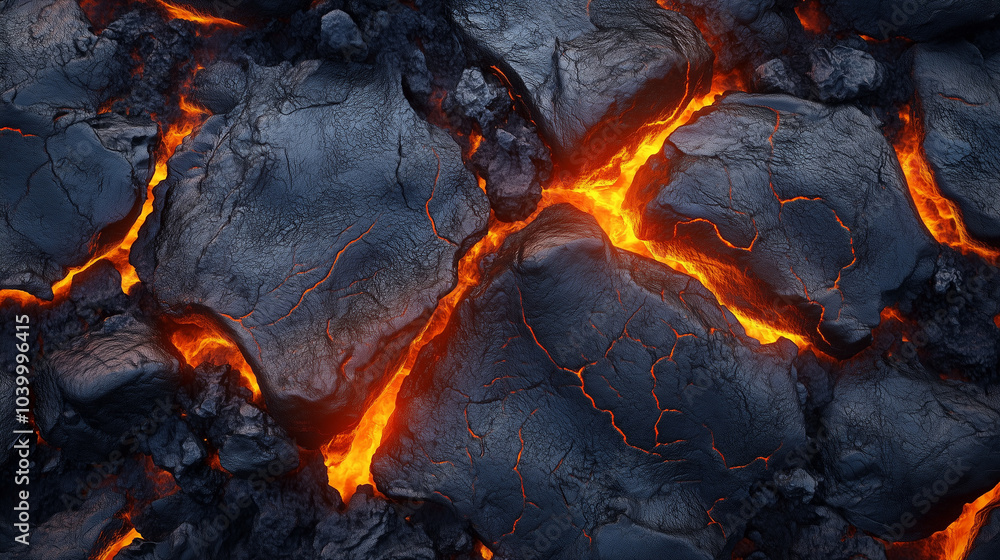 Lava flow spreading across volcanic rocks in an active crater during the day, showcasing glowing orange and black contrasts Lava flow spreading across volcanic rocks in an active crater during the day, showcasing glowing orange and black contrasts