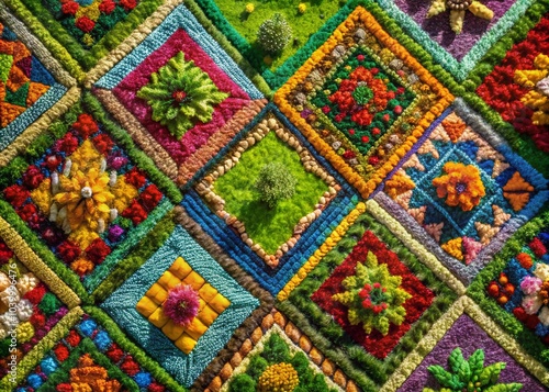 Geometric Embroidered Pattern for Textiles and Carpets – Vibrant Patchwork Design