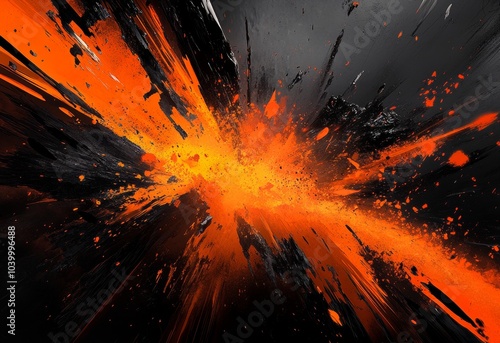 A black and orange explosion with a lot of orange and black paint
