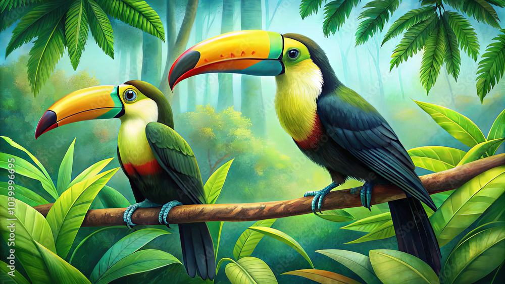 Fototapeta premium Two brightly colored toucans sit together on a branch, surrounded by rich green foliage in a tropical rainforest, capturing the essence of nature