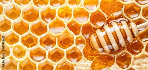 Close-up shot of honey-filled hexagons, with sticky golden honey oozing, ideal for visuals related to nature s bounty, organic food, and sweet indulgence photo