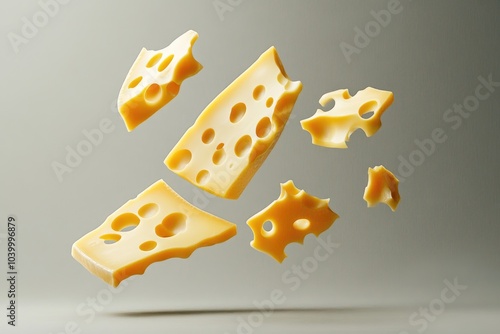 Swiss cheese pieces floating in the air photo