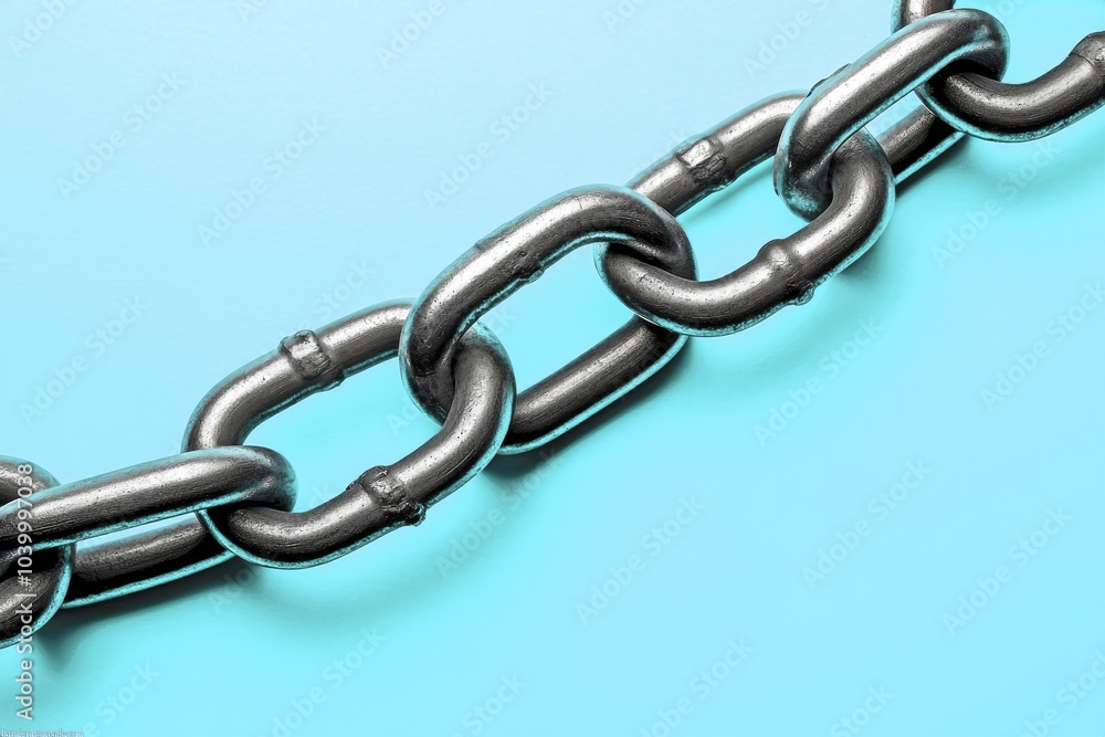 A close-up of metallic chain links on a vibrant blue background, showcasing the texture and design of the links.