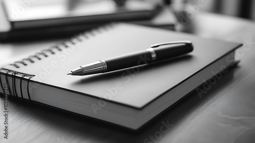 Close-up of a pen gift box with a sleek modern pen, placed on a wooden desk with notebooks