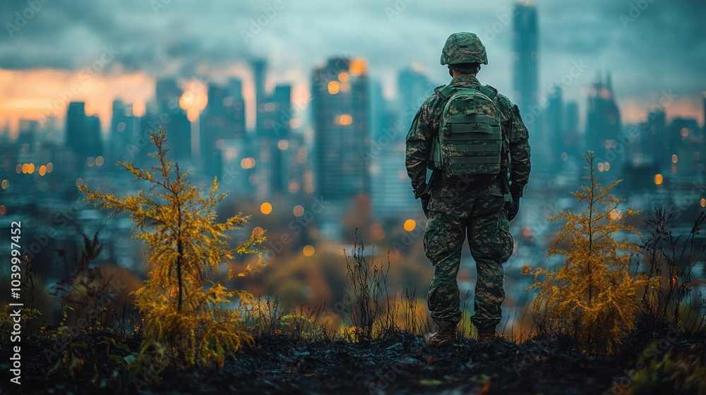 Fototapeta premium Soldier overlooking a cityscape at dusk, reflecting on duty.