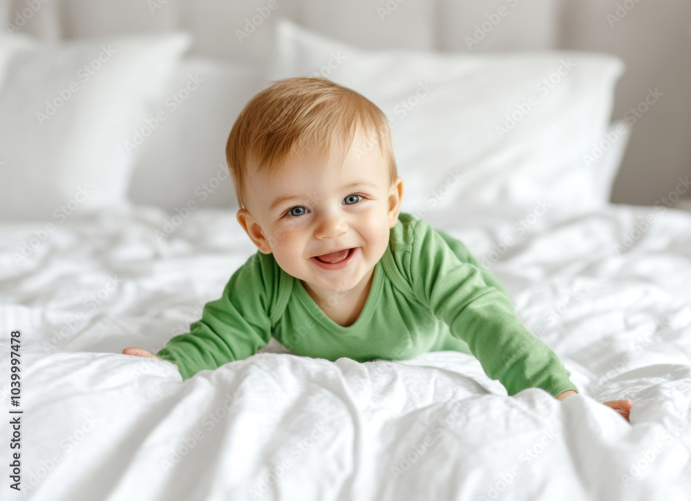 Cheerful baby boy in green bodysuit lying on white bed and smiling on his tummy Cheerful baby boy in green bodysuit lying on white bed and smiling on his tummy