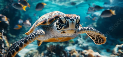 A turtle swimming in the ocean with many fish around it