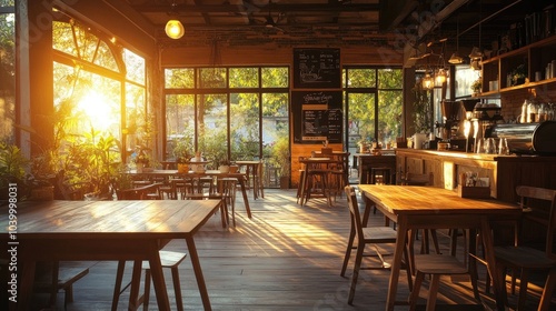 Rustic coffee shop with wooden tables and earthy decor, illuminated by warm, cozy lighting, isolated on a white background