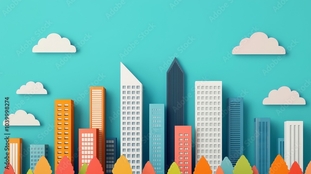 Fototapeta premium A colorful, stylized city skyline features various building shapes against a vibrant turquoise backdrop, complemented by clouds and autumn trees below.