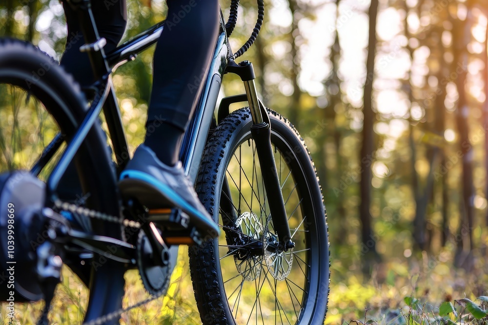 A cyclist rides through a sunlit forest path, showcasing the bike's details and the natural surroundings. A cyclist rides through a sunlit forest path, showcasing the bike's details and the natural surroundings.