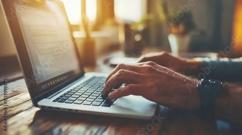 Close-up of hands typing on a laptop keyboard with sunlight streaming through a window.