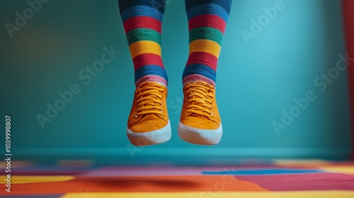 Feet in colorful striped socks, jumping mid-air, joyful National Sock Day celebration, very realistic